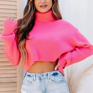 Altar’d State Hot Pink Cropped Knitted Turtleneckk Sweater (Size M)